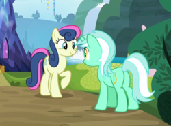 Size: 549x406 | Tagged: safe, screencap, bon bon, lyra heartstrings, sweetie drops, g4, shadow play, butt, cropped, duo, happy, looking at each other, plot, raised hoof, smiling, twilight's castle