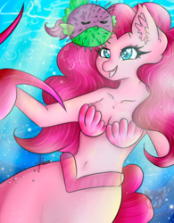 Size: 997x1280 | Tagged: safe, artist:niniibear, pinkie pie, spike, mermaid, merpony, puffer fish, anthro, g4, my little pony: the movie, belly button, bra, cute, duo, happy, movie, ocean, seashell bra, shells, species swap, spike the pufferfish, underwater