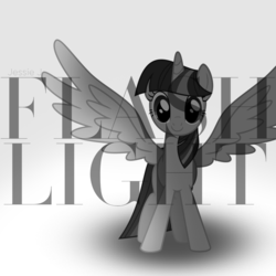 Size: 800x800 | Tagged: dead source, safe, artist:penguinsn1fan, artist:timeimpact, twilight sparkle, alicorn, pony, g4, album, album cover, cover, female, flashlight (song), irony, jessie j, monochrome, parody, ponified, ponified album cover, solo, song reference, twilight sparkle (alicorn)