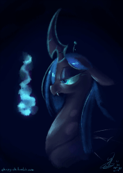 Size: 600x849 | Tagged: safe, artist:chirpy-chi, oc, oc only, oc:queen chalybeous, changeling, changeling queen, animated, blue changeling, changeling queen oc, female, fire, floppy ears, gif, glowing horn, horn, pyrokinesis, solo