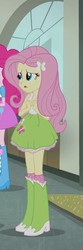 Size: 204x616 | Tagged: safe, screencap, fluttershy, pinkie pie, a case for the bass, equestria girls, g4, my little pony equestria girls: rainbow rocks, boots, clothes, cropped, female, hairpin, offscreen character, shoes, skirt