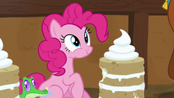 Size: 1280x720 | Tagged: safe, screencap, gummy, pinkie pie, prince rutherford, alligator, pony, yak, g4, not asking for trouble, cake, food, vanilla