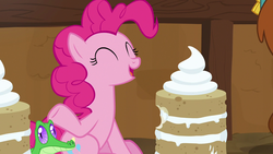 Size: 1280x720 | Tagged: safe, screencap, gummy, pinkie pie, prince rutherford, alligator, earth pony, pony, yak, g4, not asking for trouble, cake, eyes closed, food, vanilla