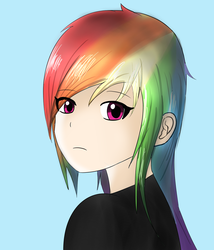 Size: 1200x1400 | Tagged: safe, artist:linlaifeng, rainbow dash, human, g4, clothes, female, humanized, looking at you, multicolored hair, simple background, solo