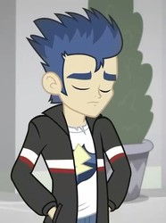 Size: 535x720 | Tagged: safe, screencap, flash sentry, eqg summertime shorts, equestria girls, g4, good vibes, clothes, cropped, eyes closed, hand in pocket, jacket, male, sad, solo