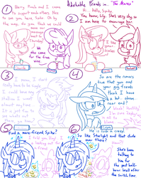 Size: 4779x6013 | Tagged: safe, artist:adorkabletwilightandfriends, berry punch, berryshine, cheerilee, cloudchaser, dj pon-3, lily, lily valley, minuette, roseluck, spike, vinyl scratch, dragon, earth pony, pegasus, pony, unicorn, comic:adorkable twilight and friends, g4, absurd resolution, adorkable friends, blushing, comic, dialogue, female, food, glowing, glowing horn, horn, implied sparlight, implied starlight glimmer, lineart, magic, magic aura, male, sandwich, ship:lilyspike, shipping, shy, simple background, singles night, slice of life, straight, telekinesis