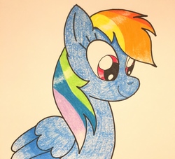 Size: 3024x2751 | Tagged: safe, artist:pavementartist, rainbow dash, pegasus, pony, g4, crayon, female, folded wings, happy, high res, inktober, mare, smiling, solo, traditional art, wings