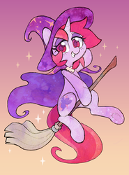 Size: 2375x3213 | Tagged: safe, artist:dawnfire, oc, oc only, oc:dawnfire, pony, unicorn, broom, cape, clothes, female, flying, flying broomstick, gradient background, grin, hat, high res, lidded eyes, mare, smiling, solo, sparkles, underhoof, witch, witch hat