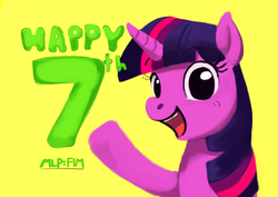Size: 1754x1240 | Tagged: safe, artist:toisanemoif, derpibooru exclusive, twilight sparkle, pony, unicorn, g4, bust, female, happy birthday mlp:fim, looking at you, mlp fim's seventh anniversary, simple background, solo, yellow background