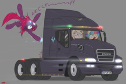 Size: 2744x1828 | Tagged: safe, artist:orang111, tempest shadow, oc, oc:coffee cuddles, oc:sugar muffin, g4, my little pony: the movie, broken horn, driving, grand theft auto, horn, iveco, japanese, semi truck, stealing, truck, vehicle