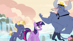 Size: 600x338 | Tagged: safe, screencap, iron will, star tracker, twilight sparkle, alicorn, earth pony, minotaur, pony, g4, once upon a zeppelin, animated, captain hat, female, gif, hat, male, mare, necktie, nose piercing, nose ring, patting, piercing, septum piercing, trio, twilight sparkle (alicorn)