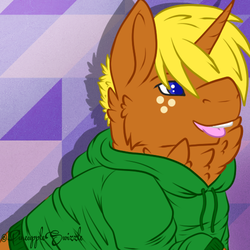 Size: 500x500 | Tagged: safe, artist:strugglingunicorn, oc, oc only, oc:jai heart, pony, unicorn, chest fluff, clothes, colt, hoodie, male, open mouth, solo, tongue out