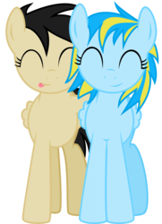 Size: 770x1062 | Tagged: safe, artist:xenoneal, oc, oc only, oc:lightning bolt, oc:tornado strike, pegasus, pony, .svg available, eyes closed, female, mare, simple background, smiling, svg, tongue out, transparent background, vector