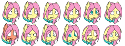 Size: 1024x382 | Tagged: safe, artist:stuflox, fluttershy, pony, g4, alfred, alfredshy, alternate hairstyle, blushing, dance of the vampires, expressions, female, mare, sad, simple background, smiling, solo, transparent background