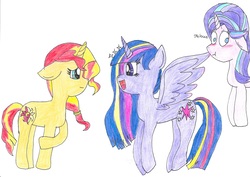 Size: 6996x4944 | Tagged: safe, artist:sapphirefeatherdust, starlight glimmer, sunset shimmer, twilight sparkle, alicorn, pony, unicorn, g4, absurd resolution, alternate hairstyle, blushing, counterparts, female, happy, implied pinkie pie, implied rainbow dash, jealous, lesbian, looking at each other, looking away, rainbow power, ship:twistarlight, shipping, simple background, smiling, story included, traditional art, twilight sparkle (alicorn), twilight's counterparts