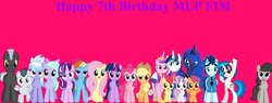 Size: 1024x388 | Tagged: safe, artist:chainchomp2 edits, artist:frownfactory, artist:jawsandgumballfan24, apple bloom, cloudchaser, dj pon-3, flitter, fluttershy, octavia melody, pinkie pie, princess cadance, princess luna, rainbow dash, rarity, rumble, scootaloo, shining armor, soarin', starlight glimmer, sweetie belle, thunderlane, twilight sparkle, vinyl scratch, alicorn, earth pony, pegasus, pony, unicorn, g4, cutie mark crusaders, happy birthday mlp:fim, looking at you, mlp fim's seventh anniversary, needs more jpeg, twilight sparkle (alicorn)