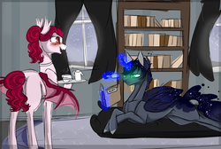 Size: 3000x2019 | Tagged: safe, artist:holoriot, oc, oc only, oc:cherry blossom, oc:noctis ombre, alicorn, bat pony, pony, book, coffee, female, glasses, high res, magic, mare, offspring, parent:king sombra, parent:princess luna, parents:lumbra, prone