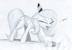 Size: 1236x864 | Tagged: safe, artist:t72b, derpibooru exclusive, fluttershy, g4, alcohol, drunk, drunkershy, eyes closed, female, folded wings, happy birthday mlp:fim, hat, mlp fim's seventh anniversary, monochrome, open mouth, party hat, pencil drawing, russian, solo, traditional art, translated in the description, vodka, yay