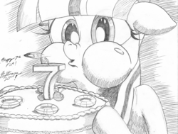 Size: 1800x1361 | Tagged: safe, artist:nightweaver20xx, derpibooru exclusive, twilight sparkle, pony, g4, blowing, cake, candle, female, food, grayscale, happy birthday mlp:fim, mare, mlp fim's seventh anniversary, monochrome, nose wrinkle, puffy cheeks, solo, traditional art