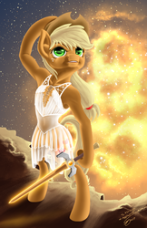 Size: 2200x3400 | Tagged: safe, artist:althyra-nex, part of a set, applejack, earth pony, pony, semi-anthro, g4, armpits, bipedal, clothes, dress, female, freckles, high res, knights of harmony, part of a series, solo, space, sword, updated, weapon