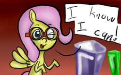 Size: 320x200 | Tagged: safe, artist:mr-bonevelous, fluttershy, pegasus, pony, g4, dialogue, female, goggles, one eye closed, smiling, solo, speech bubble, spread wings, wings, wink