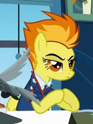 Size: 360x480 | Tagged: safe, screencap, spitfire, pegasus, pony, g4, wonderbolts academy, clothes, cropped, desk, drill sergeant, female, gendo pose, hooves together, mare, necktie, raised eyebrow, solo, spitfire's office, spitfire's tie, uniform, wonderbolts, wonderbolts dress uniform