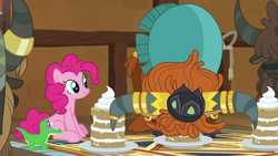 Size: 1280x720 | Tagged: safe, screencap, gummy, pinkie pie, prince rutherford, alligator, earth pony, pony, yak, g4, not asking for trouble, cake, cloven hooves, crown, ear piercing, earring, female, food, horn, horn ring, jewelry, male, mare, piercing, regalia, unnamed character, unnamed yak, vanilla