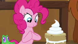 Size: 1280x720 | Tagged: safe, screencap, gummy, pinkie pie, prince rutherford, alligator, earth pony, pony, yak, g4, not asking for trouble, cake, food, gendo pose, vanilla
