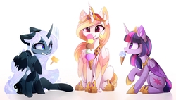 Size: 3583x2031 | Tagged: safe, artist:magnaluna, princess celestia, princess luna, twilight sparkle, alicorn, pony, g4, alternate design, alternate hairstyle, alternate universe, brain freeze, colored pinnae, colored wings, colored wingtips, crown, cute, cutelestia, ear fluff, ears back, ethereal hair, ethereal mane, ethereal tail, female, folded wings, food, high res, hoof shoes, ice cream, jewelry, licking, lunabetes, mare, peytral, popsicle, princess shoes, regalia, shoulder fluff, simple background, sitting, smiling, sparkly mane, sparkly tail, starry mane, starry tail, tail, tiara, tongue out, trio, twiabetes, twilight sparkle (alicorn), white background, white-haired luna, wings