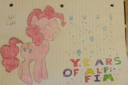 Size: 1561x1044 | Tagged: safe, artist:purginglight, derpibooru exclusive, pinkie pie, g4, confetti, female, happy birthday mlp:fim, lined paper, mlp fim's seventh anniversary, party cannon, solo, traditional art