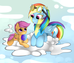 Size: 3500x3000 | Tagged: safe, artist:malamol, rainbow dash, scootaloo, pegasus, pony, g4, candy, clothes, cloud, cute, female, filly, food, goggles, goggles on head, high res, lollipop, on a cloud, scootalove, the cmc's cutie marks, uniform, wonderbolt trainee uniform