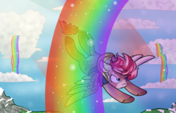 Size: 3000x1928 | Tagged: safe, artist:cloureed, oc, oc only, oc:strawberry breeze, pegasus, pony, g4, rainbow falls, leonine tail, redraw, solo