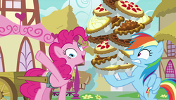 Size: 1920x1090 | Tagged: safe, screencap, pinkie pie, rainbow dash, earth pony, pegasus, pony, g4, secrets and pies, derp, duo, faic, female, food, lemon meringue pie, mare, pie, strawberry, strawberry pie