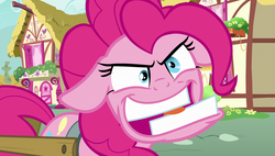 Size: 1920x1090 | Tagged: safe, screencap, pinkie pie, g4, secrets and pies, crazy face, faic, female, floppy ears, ponyville, solo, tongue out, underbite