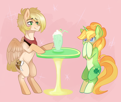 Size: 1237x1039 | Tagged: artist needed, safe, oc, oc only, oc:eagle eye, oc:shamrock shock, pegasus, pony, unicorn, blushing, clover, engagement ring, excited, female, four leaf clover, horn, male, mare, marriage proposal, milkshake, neckerchief, pegasus oc, ring, shamrock shake, shipping, stallion, straight, unicorn oc