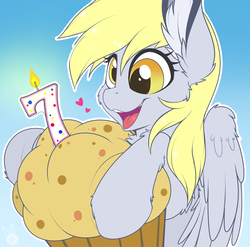 Size: 1500x1484 | Tagged: safe, artist:meggchan, derpibooru exclusive, derpy hooves, pegasus, pony, g4, candle, cute, derpabetes, female, food, happy birthday mlp:fim, mare, mlp fim's seventh anniversary, muffin, open mouth, open smile, smiling, solo