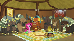 Size: 1280x720 | Tagged: safe, screencap, gummy, pinkie pie, prince rutherford, yohimbine, yukata (g4), earth pony, pony, yak, g4, not asking for trouble, cloven hooves, female, gramophone, male, mare, sitting, unnamed character, unnamed yak, yomiel, yvonne