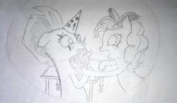 Size: 3991x2336 | Tagged: safe, artist:slowponk, pinkie pie, tempest shadow, g4, my little pony: the movie, cake, food, happy birthday mlp:fim, hat, high res, mlp fim's seventh anniversary, party, party hat, sketch, tempest the birthday guest, traditional art