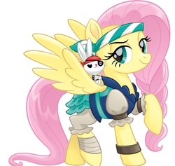 Size: 1057x1004 | Tagged: safe, artist:glittertiara, angel bunny, fluttershy, pegasus, pony, g4, my little pony: the movie, badass, clothes, female, flutterbadass, mare, pirate, raised hoof, simple background, smiling, smirk, white background