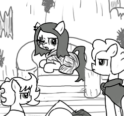 Size: 640x600 | Tagged: safe, artist:ficficponyfic, oc, oc only, oc:barber, oc:emerald jewel, oc:ruby rouge, earth pony, pony, colt quest, adult, clothes, cyoa, ear piercing, female, hat, male, mare, missing eye, monochrome, offscreen character, piercing, scar, scowl, stallion, story included, thief