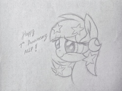Size: 2592x1936 | Tagged: safe, artist:squeaky-belle, oc, oc:temmy, pony, happy birthday mlp:fim, mlp fim's seventh anniversary, nation ponies, pencil drawing, ponified, singapore, stars, traditional art
