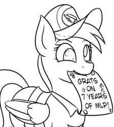 Size: 824x919 | Tagged: safe, artist:variant, derpibooru exclusive, derpy hooves, pegasus, pony, g4, clothes, female, happy birthday mlp:fim, lineart, mailmare, mlp fim's seventh anniversary, monochrome, mouth hold, solo