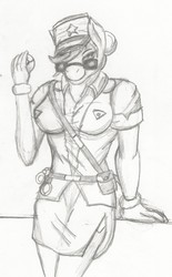 Size: 1043x1684 | Tagged: safe, artist:rejectedmidget, copper top, anthro, g4, breasts, busty copper top, clothes, crossover, female, officer jenny, pokémon, side slit, skirt, solo, traditional art