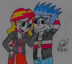 Size: 1024x909 | Tagged: safe, artist:jen-izzy93, flash sentry, sunset shimmer, equestria girls, g4, blushing, female, male, ship:flashimmer, shipping, straight, traditional art