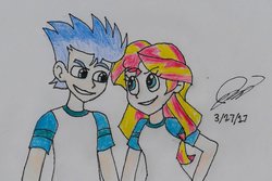 Size: 1024x682 | Tagged: safe, artist:jen-izzy93, flash sentry, sunset shimmer, equestria girls, g4, my little pony equestria girls: legend of everfree, female, male, ship:flashimmer, shipping, straight, traditional art