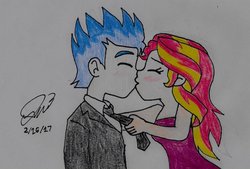 Size: 1024x691 | Tagged: safe, artist:jen-izzy93, flash sentry, sunset shimmer, equestria girls, g4, female, male, ship:flashimmer, shipping, straight, traditional art
