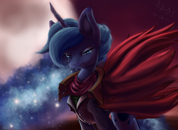 Size: 2500x1833 | Tagged: safe, artist:foughtdragon01, princess luna, alicorn, pony, g4, bloodborne, cape, clothes, ethereal mane, female, frown, looking at you, mare, missing accessory, moon, night, signature, sky, solo, standing