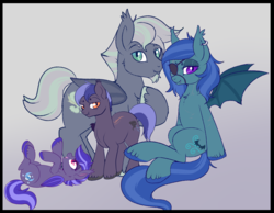 Size: 1197x930 | Tagged: safe, artist:lulubell, edit, oc, oc only, oc:cloud cover, oc:hazy inkwell, oc:night watch, oc:wing whisper, bat pony, brother and sister, eyepatch, family, family photo, female, male, mother and father, parent, scar