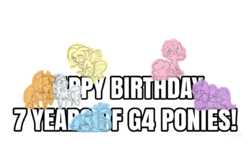 Size: 800x500 | Tagged: safe, artist:curiouskeys, derpibooru exclusive, applejack, fluttershy, pinkie pie, rainbow dash, rarity, twilight sparkle, g4, chibi, happy birthday mlp:fim, mane six, mlp fim's seventh anniversary