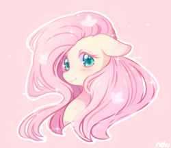 Size: 1900x1643 | Tagged: safe, artist:bakaccha, fluttershy, butterfly, pegasus, pony, g4, blushing, bust, colored pupils, cute, female, floppy ears, looking at you, mare, pink background, portrait, shyabetes, simple background, solo, sparkles